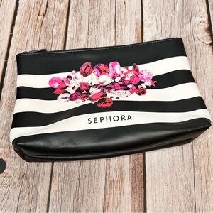 Sephora Black and White Striped Cosmetic Bag with Pink Gem Design